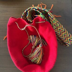 Colombian Vibrant Red Knit Bag with Multicolor Strap